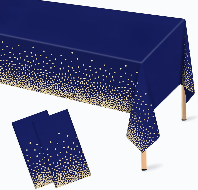 2 Pcs Navy Blue and Gold Plastic Tablecloth for Rectangle Table, 54 × 108 Inches