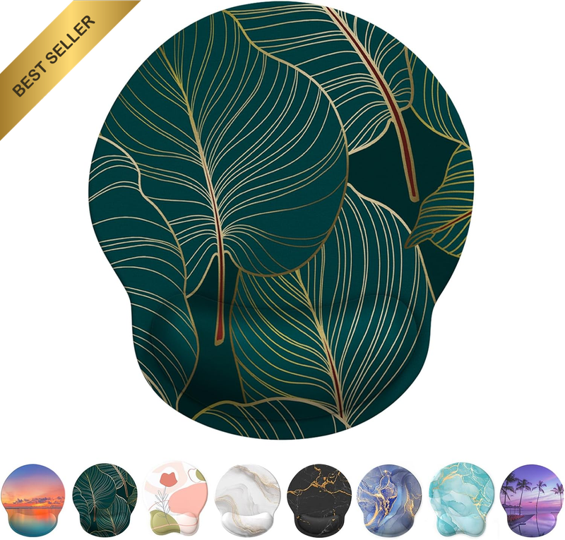 Ergonomic Gel Mouse Pad with Wrist Support Non-Slip Base Pain Relief Green Leaf