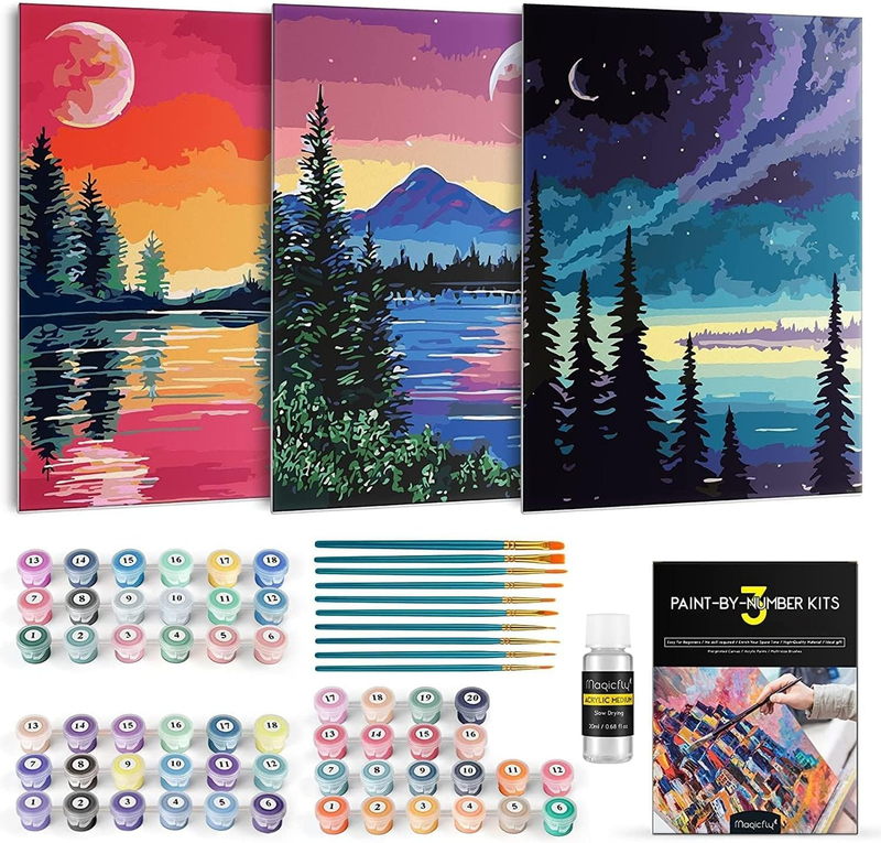 Magicfly 3 Pack Paint by Number for Adults Beginner, Moon Lake Landscape DIY Pai