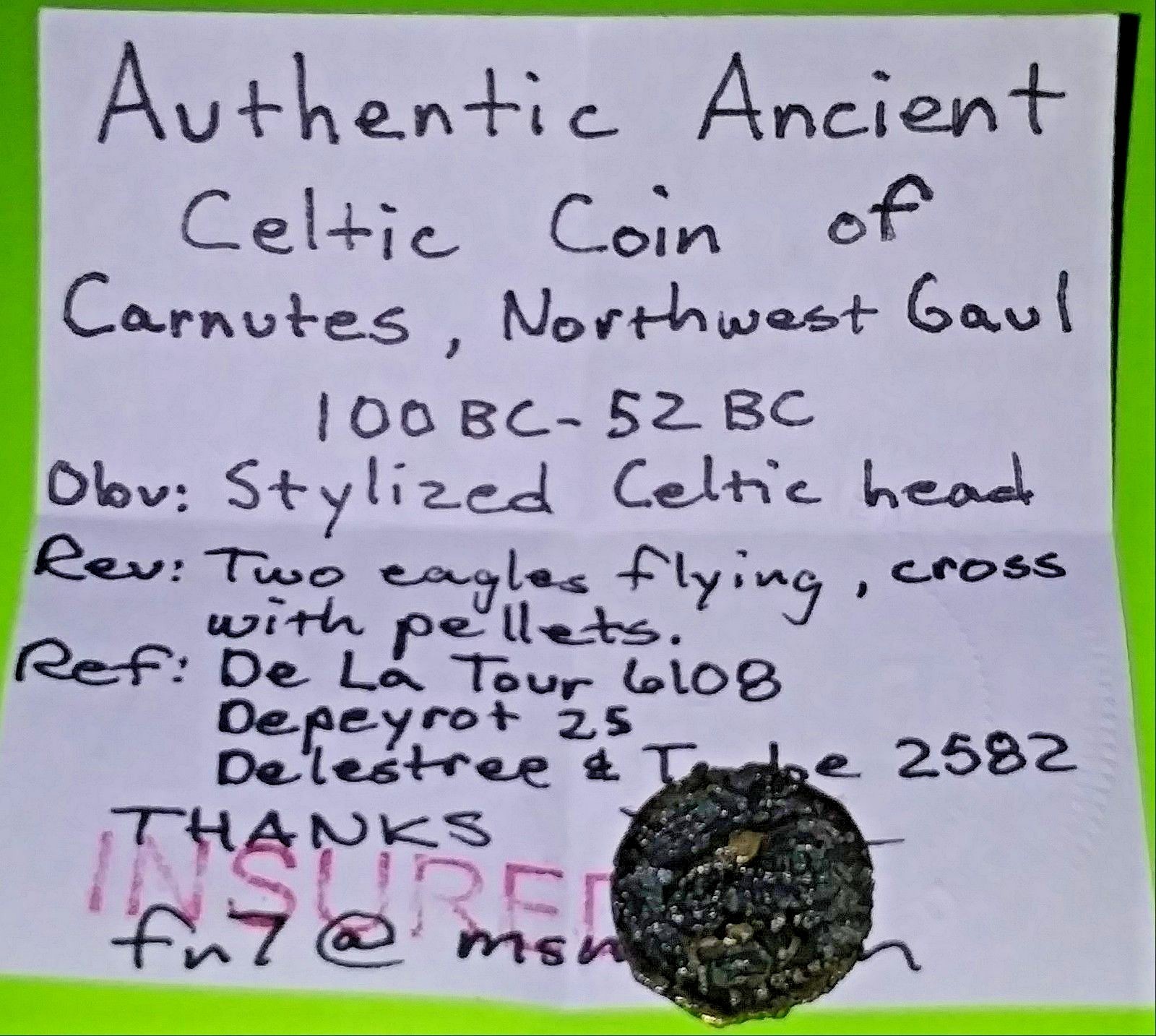 Carnutes 100 BC Celtic Coin of Northwest Gaul flying eagles cross pellets France