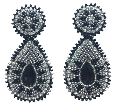 NATIVE STYLE HANDCRAFTED ARTISAN BLACK GRAY TEARDROP POST EARRINGS 60/45