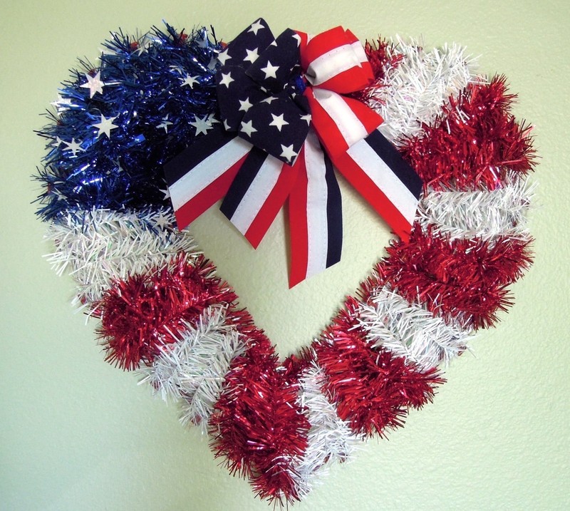 4th of July Patriotic Tinset Heart Wreath Red White Blue 16” w/ Bow Door or Wall