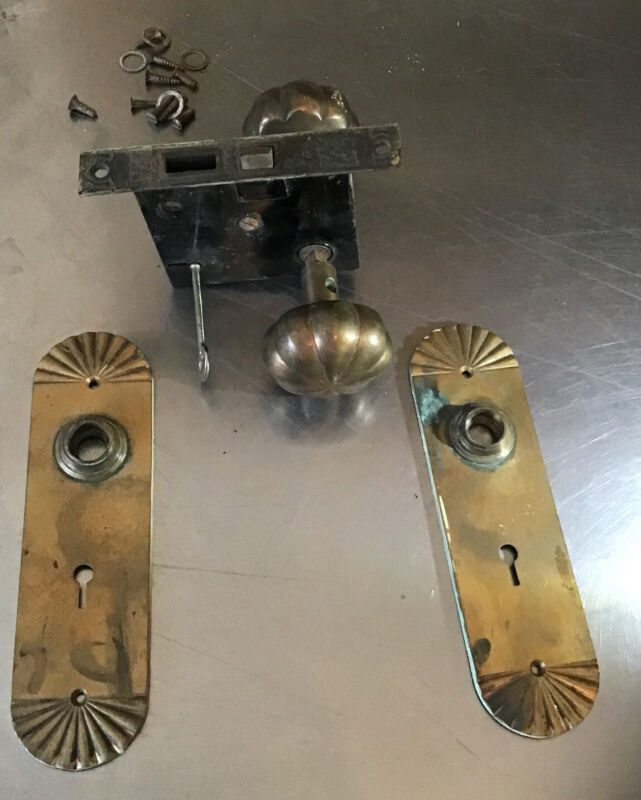 Antique Sargent Co cast brass Ornate Mortise Door Lockset W/Plates Solid Knobs