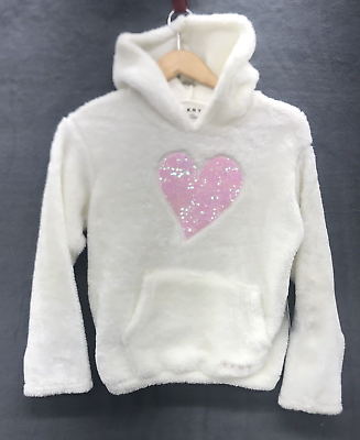 DKNY Girls Fleece Hoodie Size Large 12 Off White Pink Sequin Heart Pockets