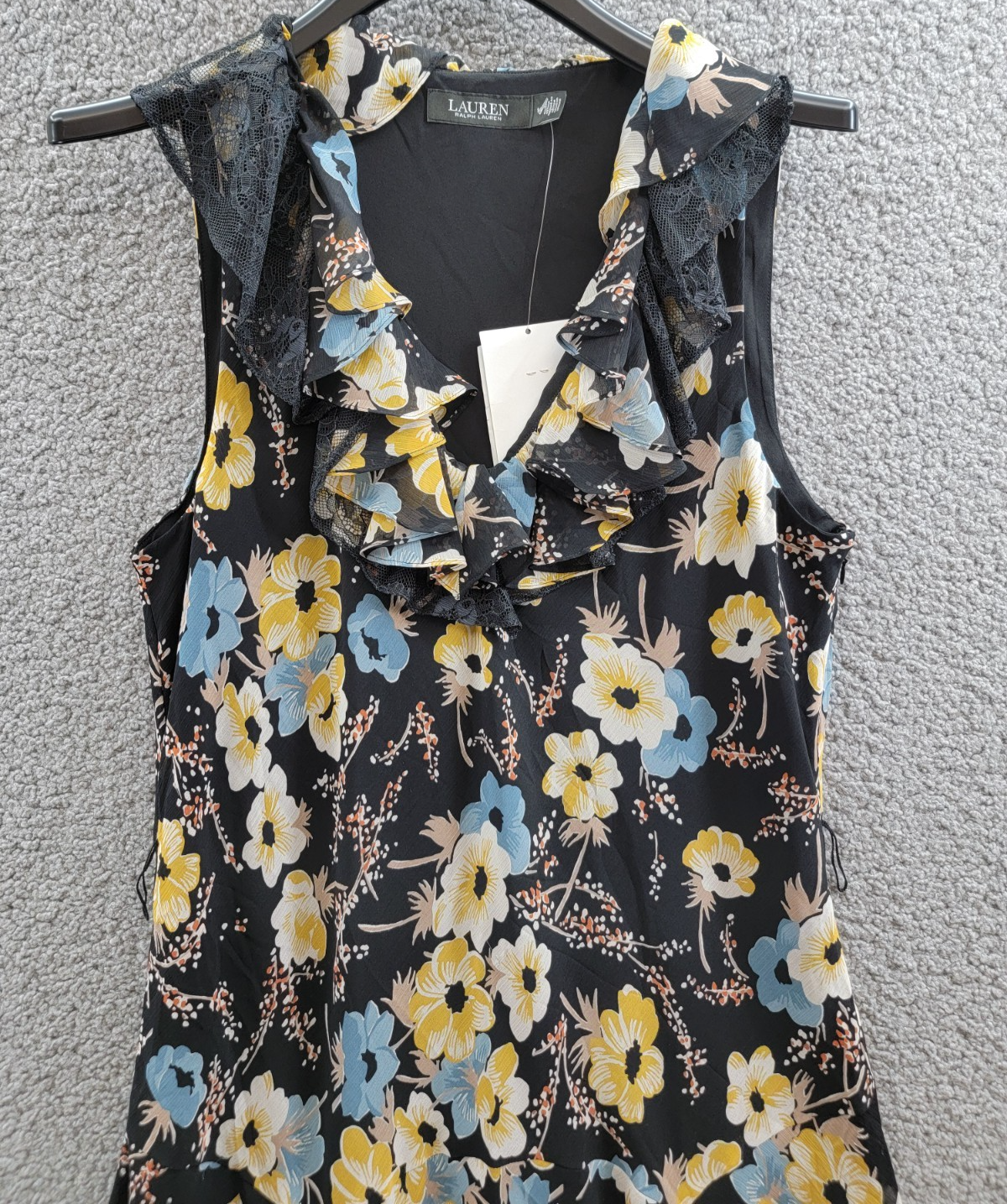 Lauren Ralph Lauren Floral A-Line Dress Women's 14 Black Multi Ruffle Sleeveless - Picture 3 of 15