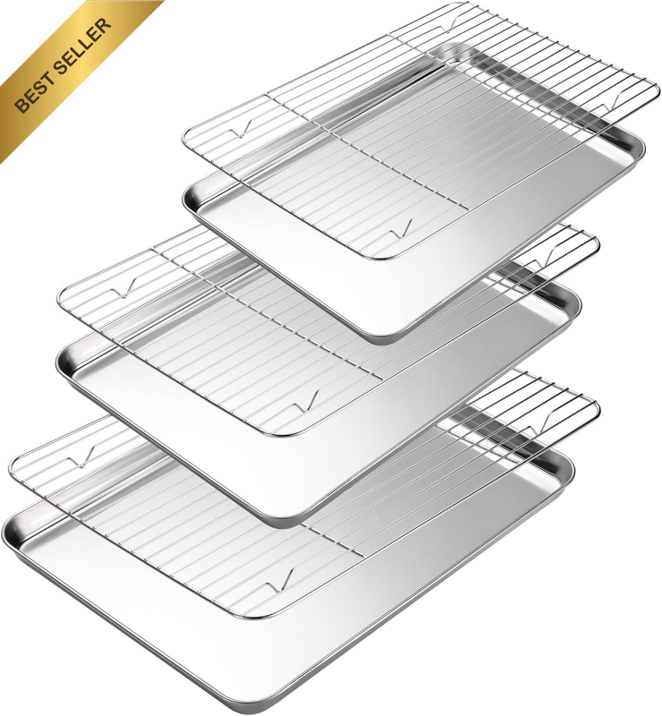 Baking Sheet with Cooling Rack Set of 6, 3 Premium Stainless Steel Cookie Sheets