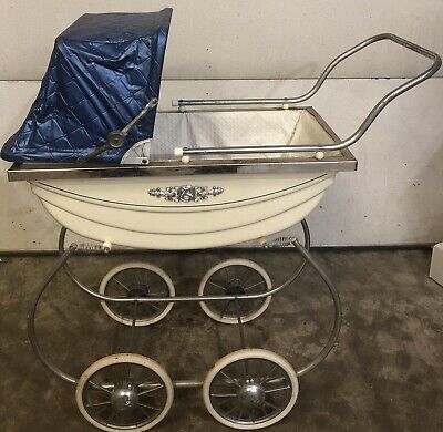 Vintage Baby Doll Toy Carriage Buggy Stroller White/Blue,USED,M-1-TOP
