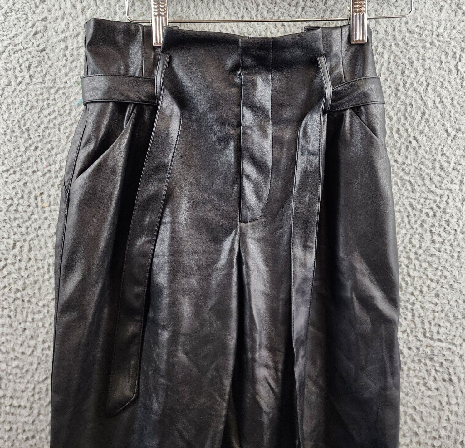 Lucy Paris Faux Leather Paperbag-Waist Pants Women's S Black Zip Fly Belt Loop - Picture 3 of 15
