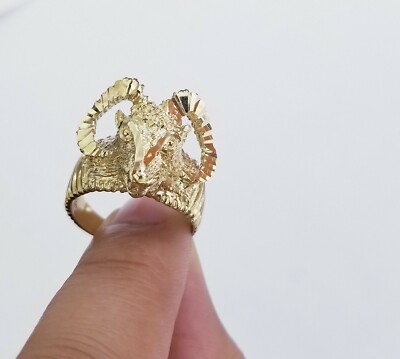 Pre-owned Globalwatches10 Real 10k Yellow Gold Antler Deer Head Mens Horn Goat Head Ring Diamond Cut