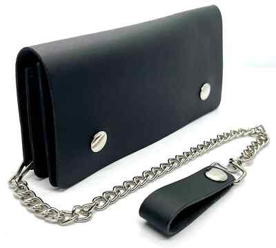 Genuine Leather Men's Biker's Long Wallet Trucker Motorcycle Trucker Steel Chain