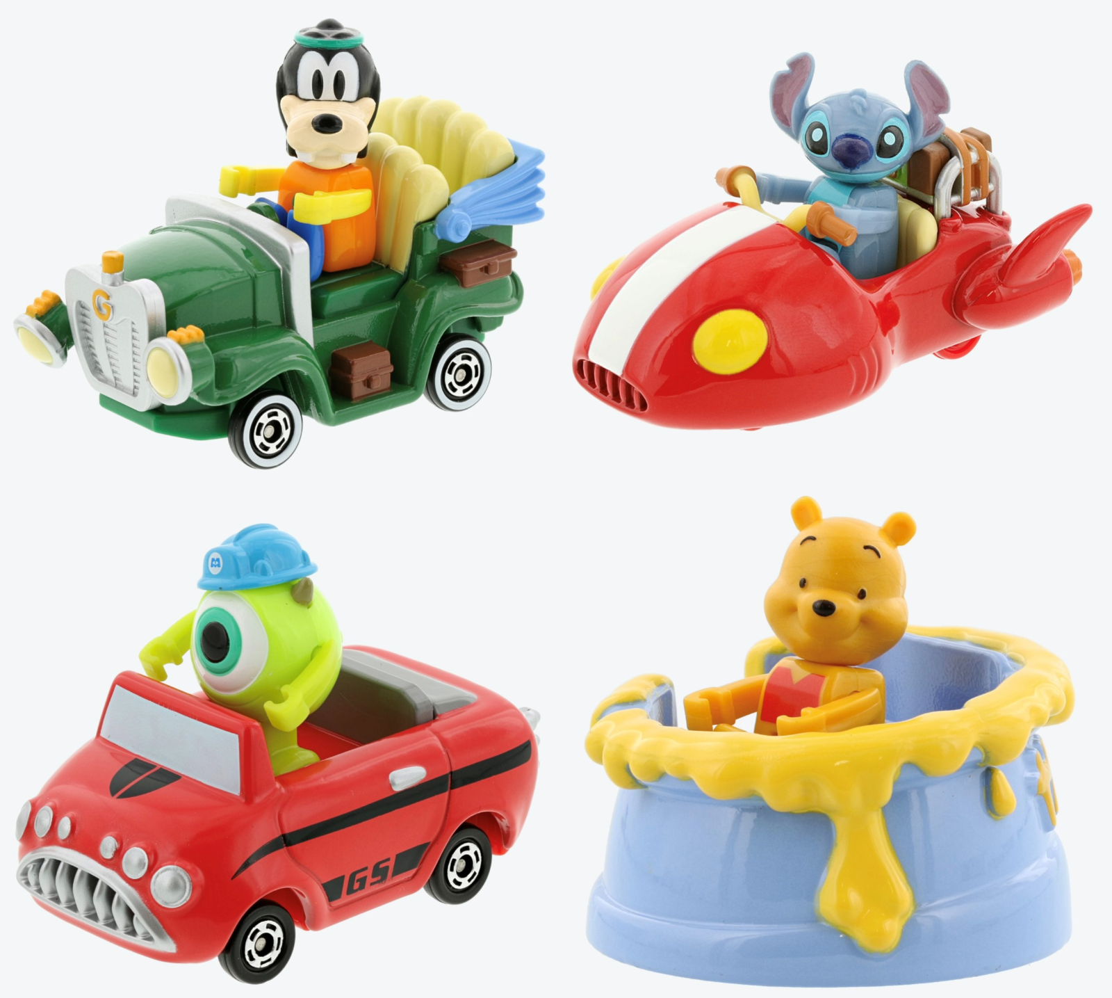 Disneyland 4 Toy Car Set with Mini Figures Goofy Stitch Mike
