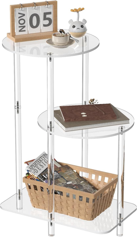 Acrylic round Side Table - 3 Tiers Step End Table - Clear Nightstand Small Bedside Table Accent Entryway Table, for Living Room, Bedroom, Hallway, 16.7'' L X 11.8'' W X 23.5'' H