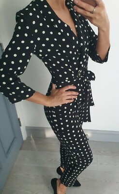 Bershka polka dot black and white collared jumpsuit XS