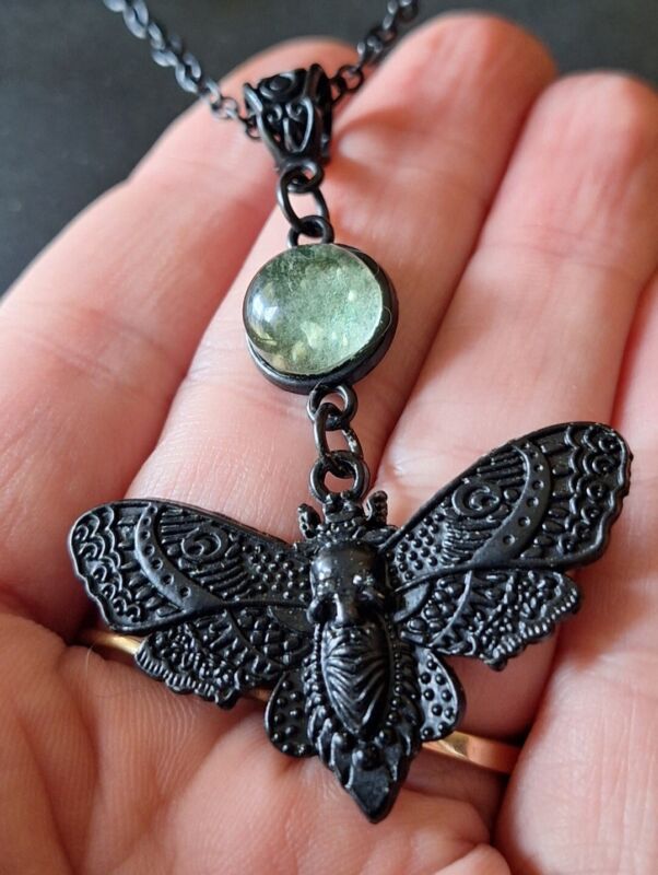 Black Moth Vaseline Uranium Glass Pendant Necklace