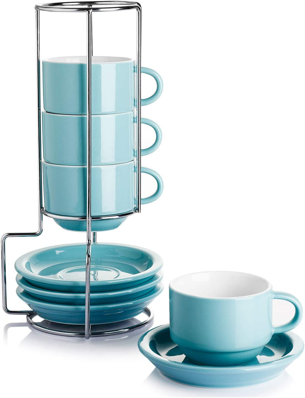 2.5 Ounce Porcelain Stackable Espresso Cups with Saucers and