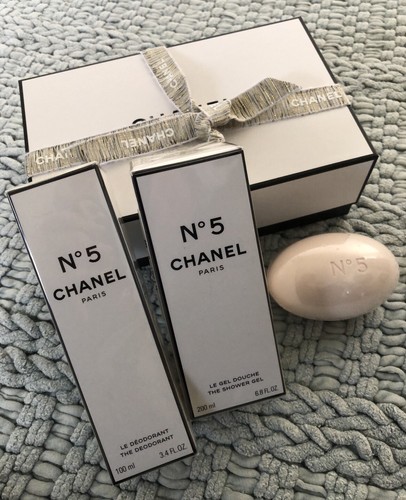 CHANEL NO 5 LE DEODORANT, LE GEL DOUCHE, NO. 5 BATH SOAP IN GIFT BOX SET NEW