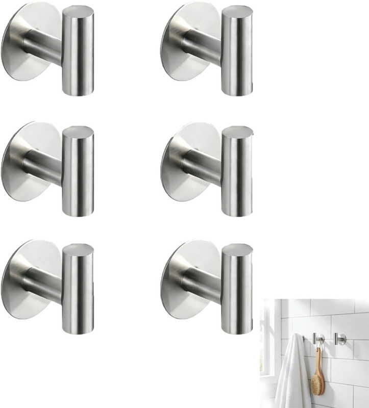 6-Pack Stainless Steel Bathroom Wall Hooks, No Drilling Self Adhesive Towel Hook