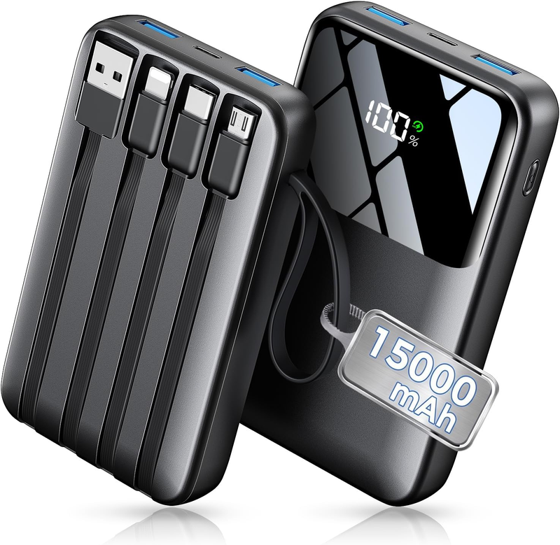 Power Bank, 15000Mah Portable Charger with Built in Cable, 22.5W Fast Charging,