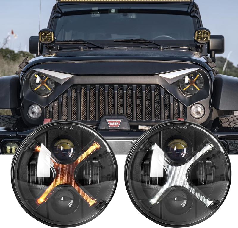 New Upgrade 7 Inch LED Headlight White/Amber X Style Led round Headlight Compatible with Jeep Wrangler JK JKU TJ LJ Etc High/Low Beam DRL H6024 DOT Waterproof.