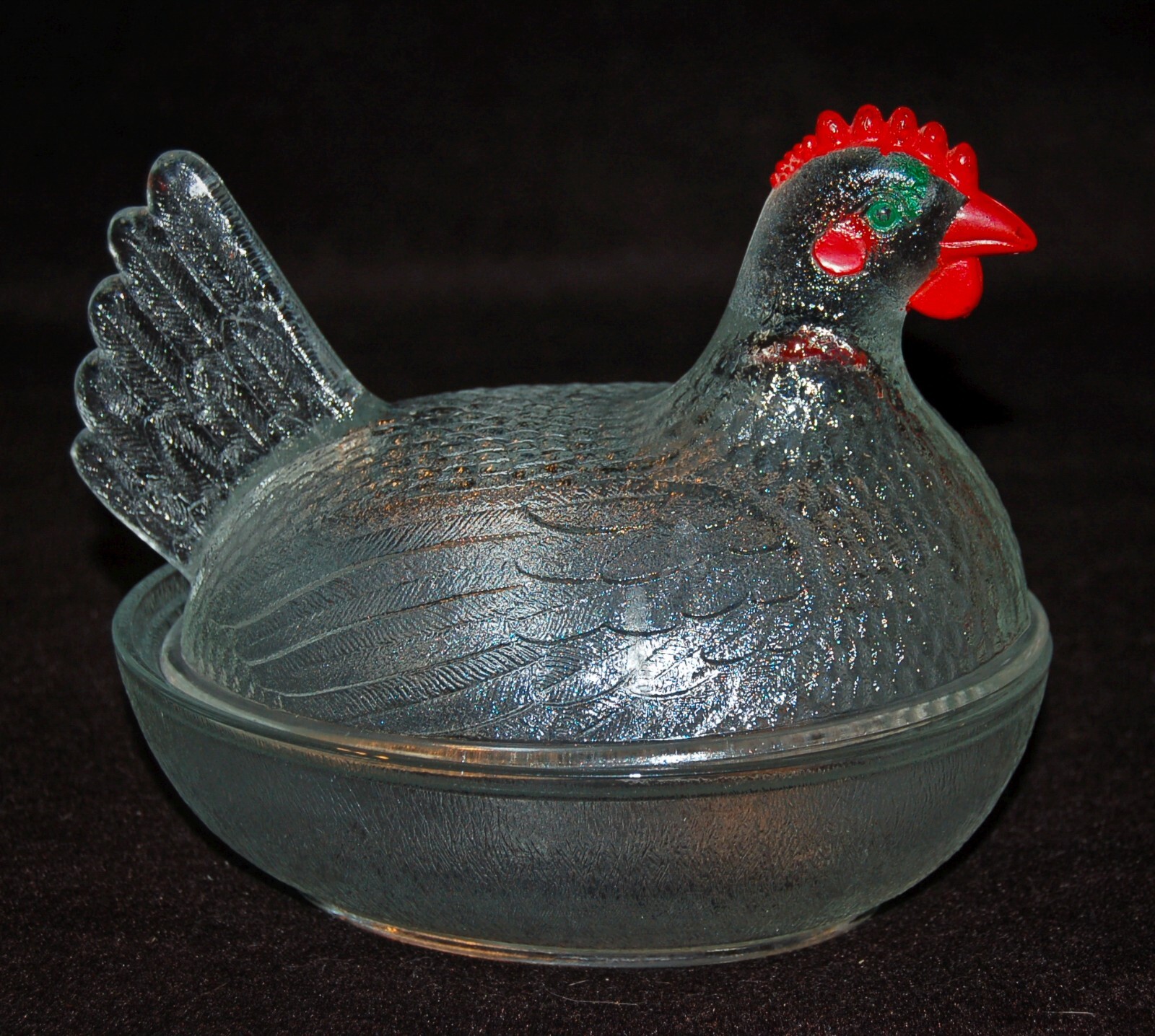 VINTAGE INDIANA GLASS Clear Rooster Hen on a Nest 1940's
