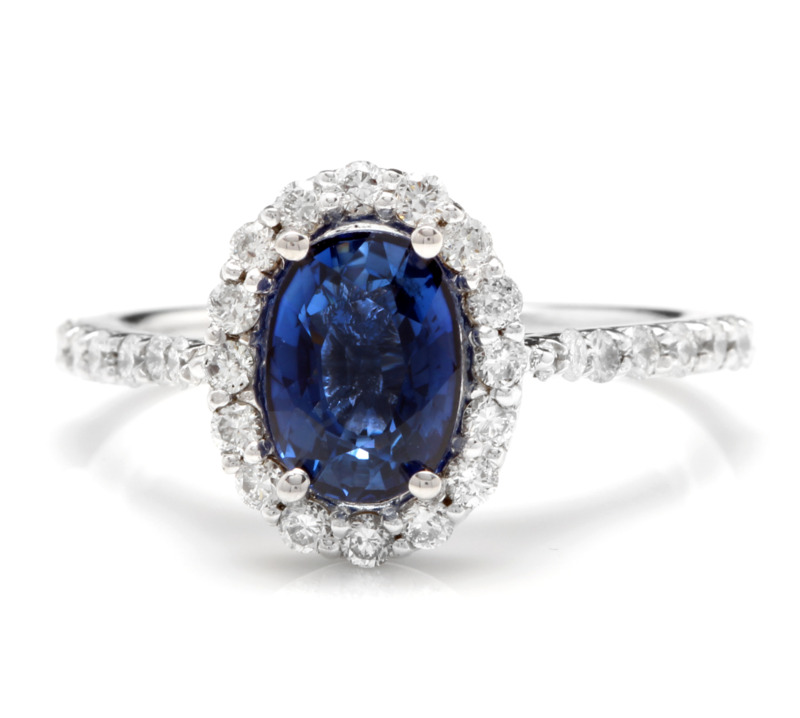 1.95 Ct Natural Blue Sapphire & Diamond Halo Engagement Ring 14k White Gold