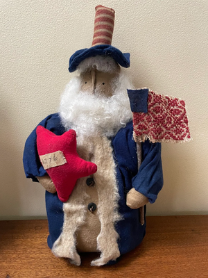 Primitive Handcrafted Patriotic Americana Uncle Sam Doll w/ Flag 14"