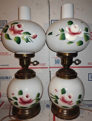 Vintage Pair of Gone With The Wind Lamps Round Globes Milk Glass Pink Flowers