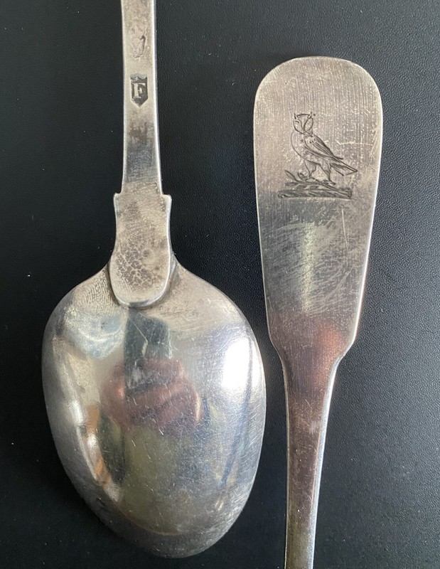 Pair Owl Antique Dublin 1778 Sterling Silver Spoons Armorial Crests