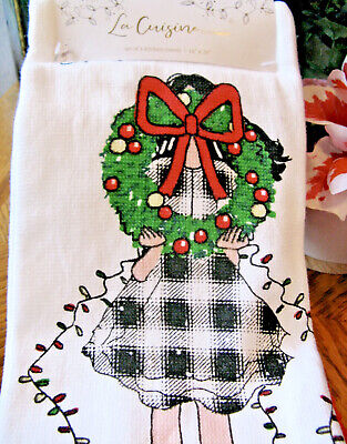 New Christmas Buffalo Check Plaid Lady Girl Wreath Kitchen Hand Towels Set of 4