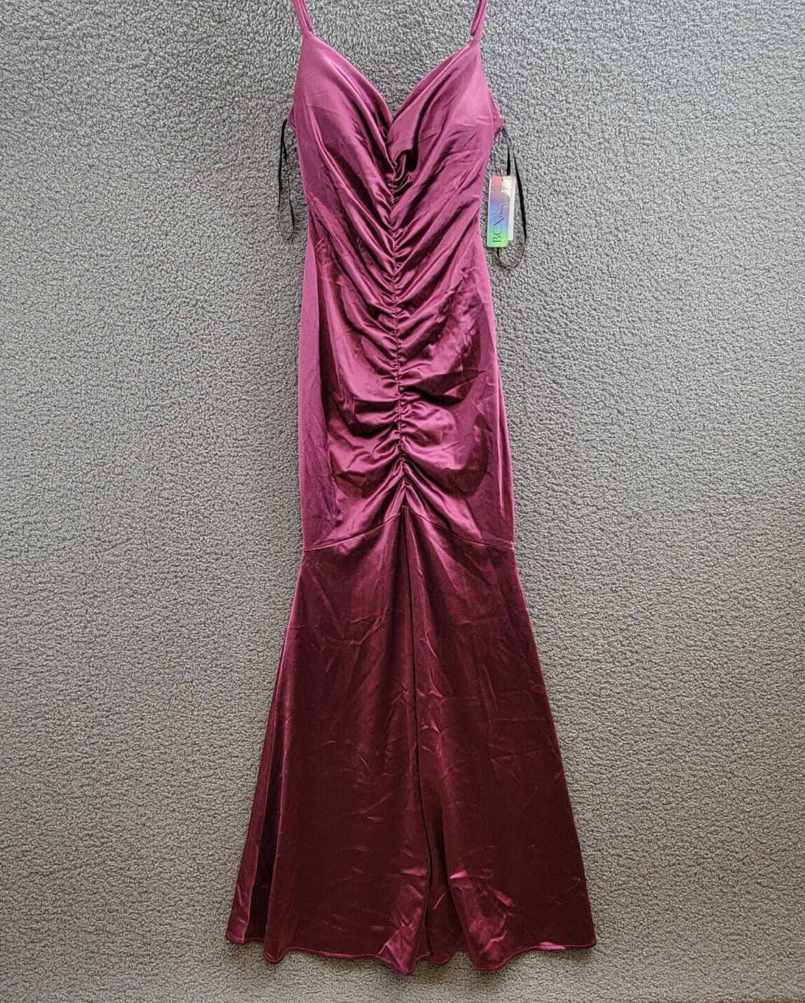 BCX Ruched Mermaid Dress Juniors' 1 Plum Front Slit V-Neck Back Zip Closure - Picture 2 of 15