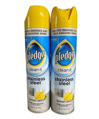 2 Cans Pledge Clean It Stainless Steel Spray Lemon Zest 9.7 Oz Each