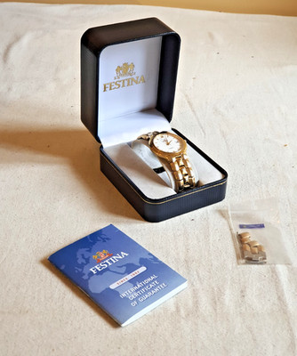 FESTINA MONTRE HOMME FEMME 9850 BRACELET MAILLE DORE BOITE FONCTIONNE CALENDRIER