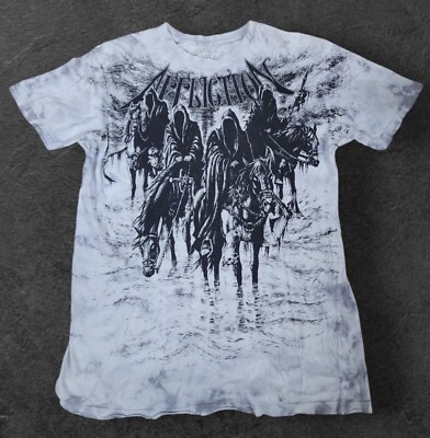 VTG AFFLICTION Shirt X-LARGE Grey Y2K AOP Wings Fleur De Lis Cyber Skulls Grunge
