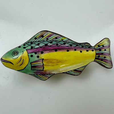 Vintage Rainbow Trout Colorful Mini Enameled Metal Fish Shaped Trinket Box & Lid