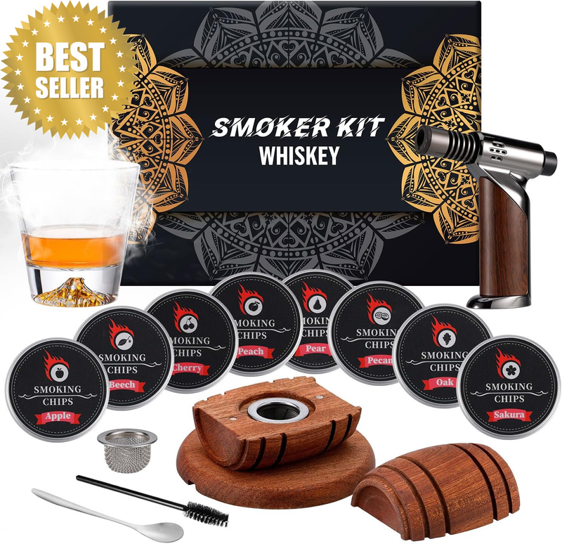 Whiskey Smoker Kit with Torch, 8 Flavours Wood Chips, 1 Glasses, Smoked Top, Coc