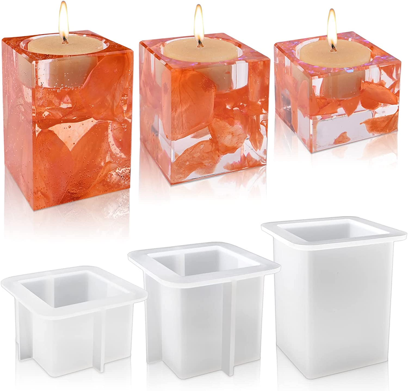Candle Holder Resin Molds, 3 Pcs Square Tealight Candle Holder Silicone Molds, E