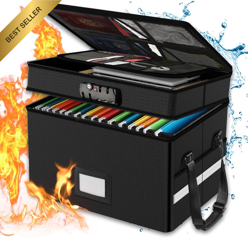 Document Box, 2 Layer Fireproof Waterproof File Box with Lock, Collapsible File