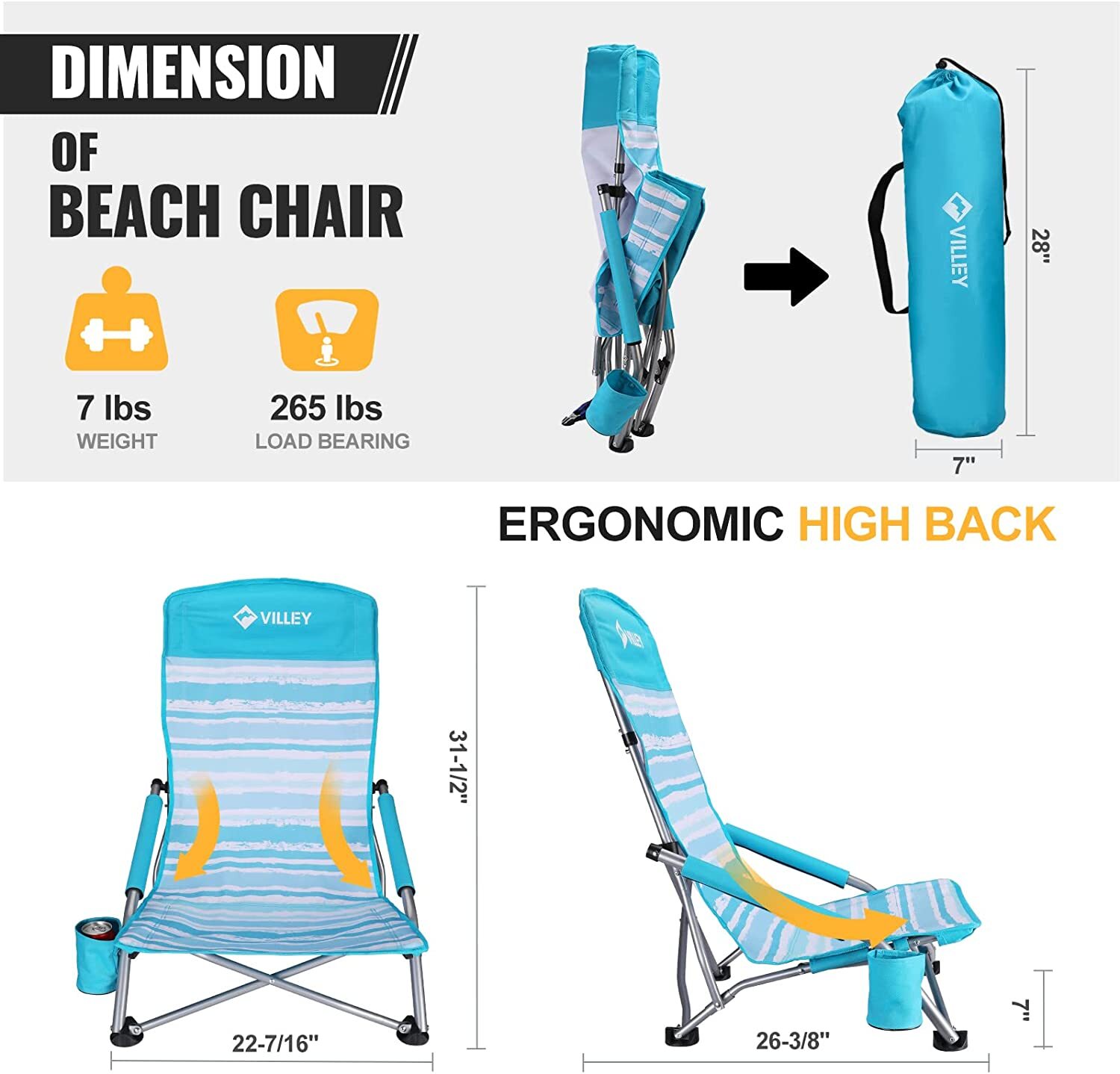 VILLEY Low Beach Chair High Back Folding Beach Chair Cup Holder with Carry Bag