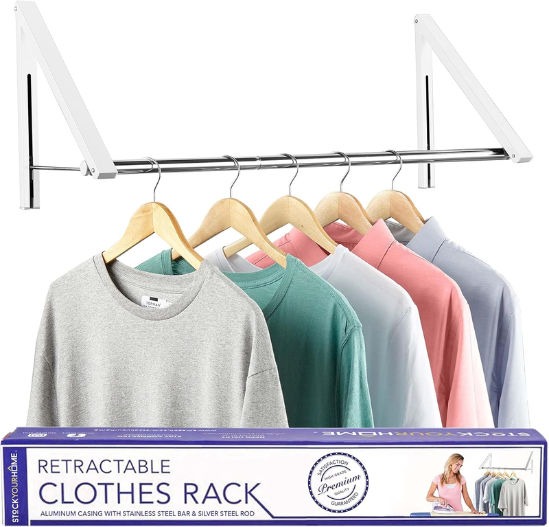 Double Foldable Clothing Rack W/Extension Rod, Wall-Mounted Retractable Clothes
