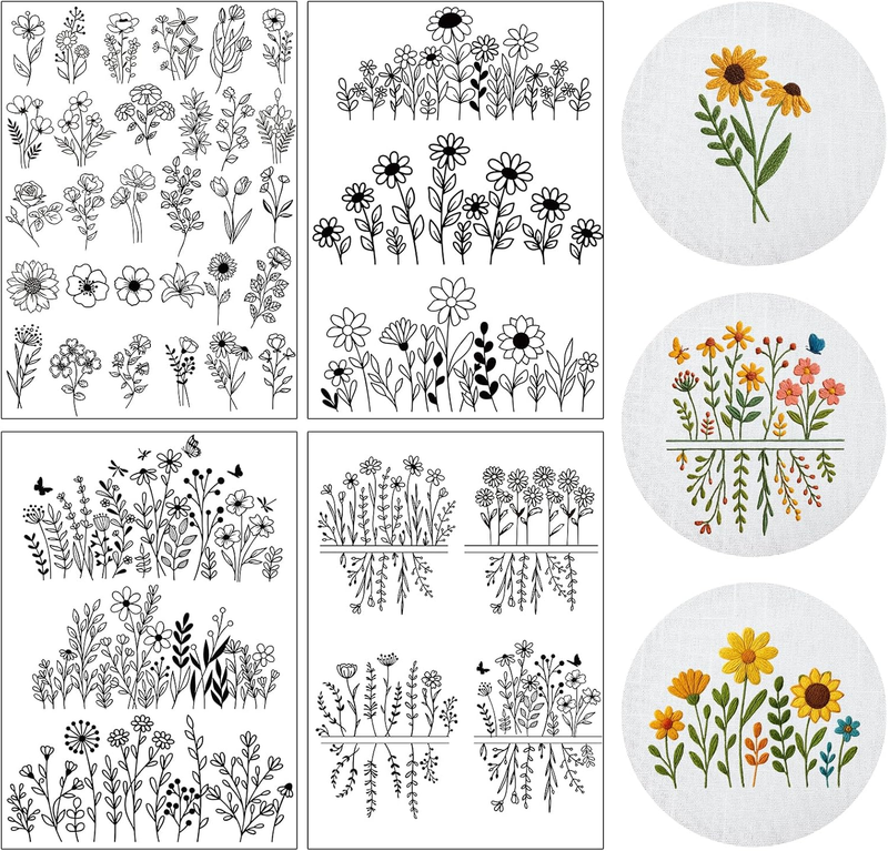 Flower Water Soluble Embroidery Patterns - 4 Sheets 40 Pcs Stick and Stitch