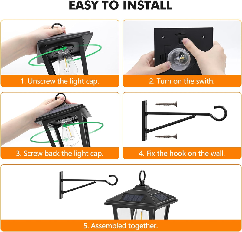 Solar Wall Lantern Outdoor, 2 Pack Hanging Solar Lights with 4 Solar Panels, ...