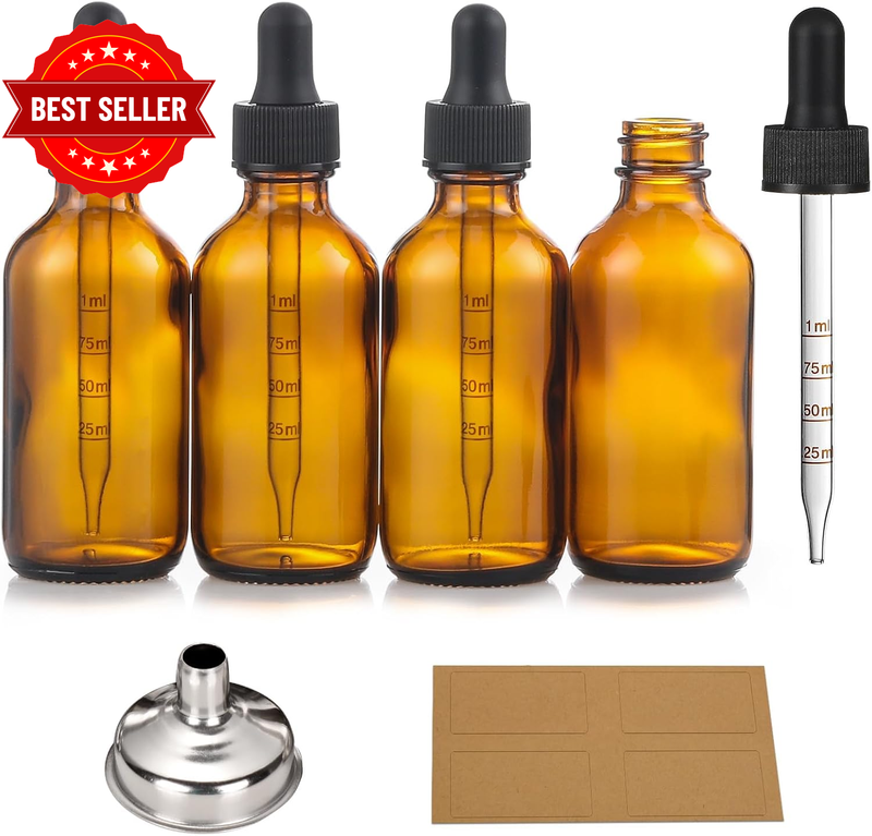 4 Pack 2 Oz Glass Dropper Bottles with Measured Dropper - 60Ml Amber Tincture Bo