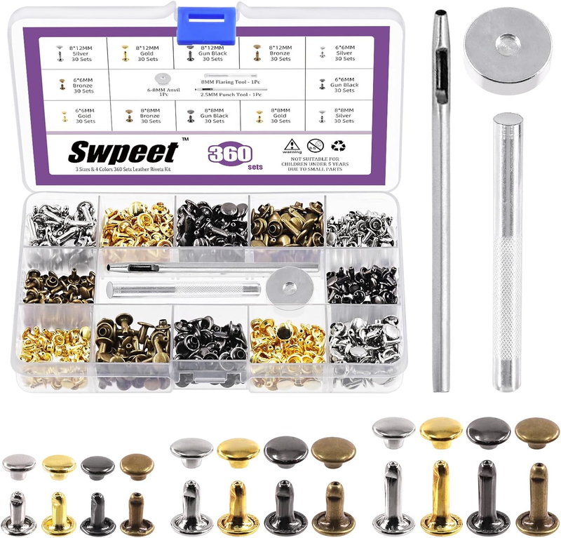 360 Sets 4 Colors 6mm 8mm 12mm Leather Rivets Double Cap Rivets with 3Pcs Fixing