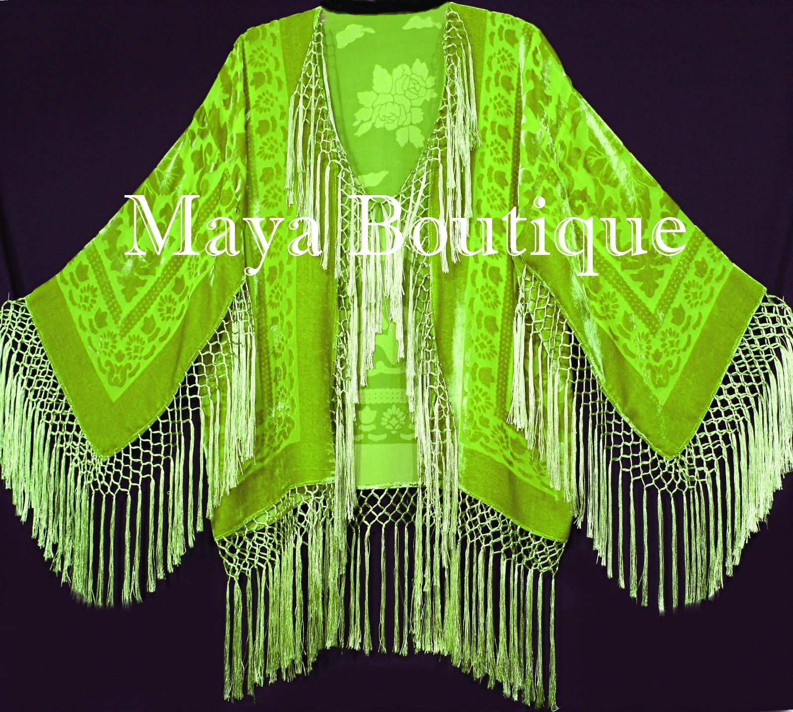 Pre-owned Maya Matazaro Fringe Jacket Short Kimono Duster Silk Burnout Velvet Lime Maya Boutique In Green