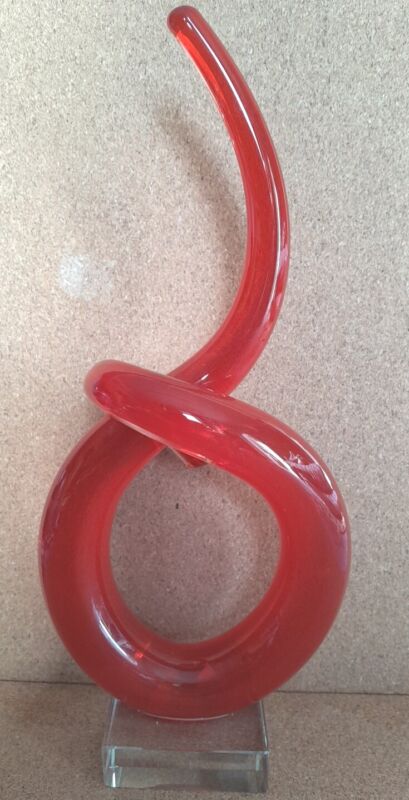 Murano Red Venetian Art Glass Love Knot Sculpture On Square Glass Base Vgc