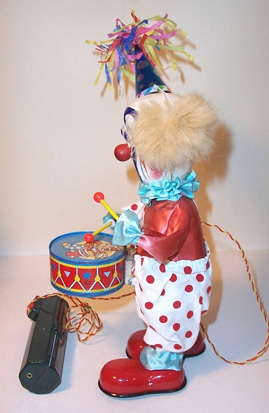 MINT 1950's BATTERY OPERATED BLINKY THE CLOWN WITH DRUM TIN LITHO TOY MIB JAPAN