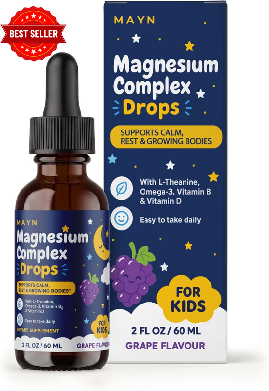 Kids Magnesium Glycinate Liquid Drops with L-Theanine, Omega-3, Vitamin B6 & Vit