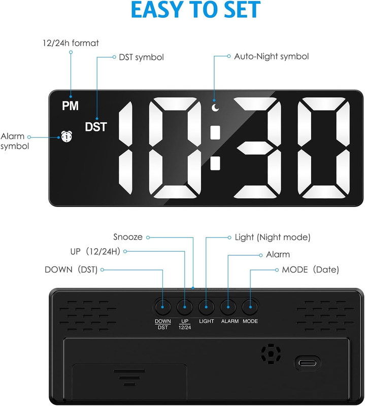 Digital Alarm Clock, LED Clock for Bedroom, Electronic Desktop Clock with Adjust