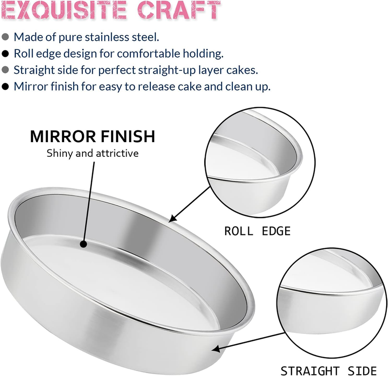 8 Inch Cake Pan Set of 3,  Stainless Steel Round Layer Cake Baking Pans, Non-Tox