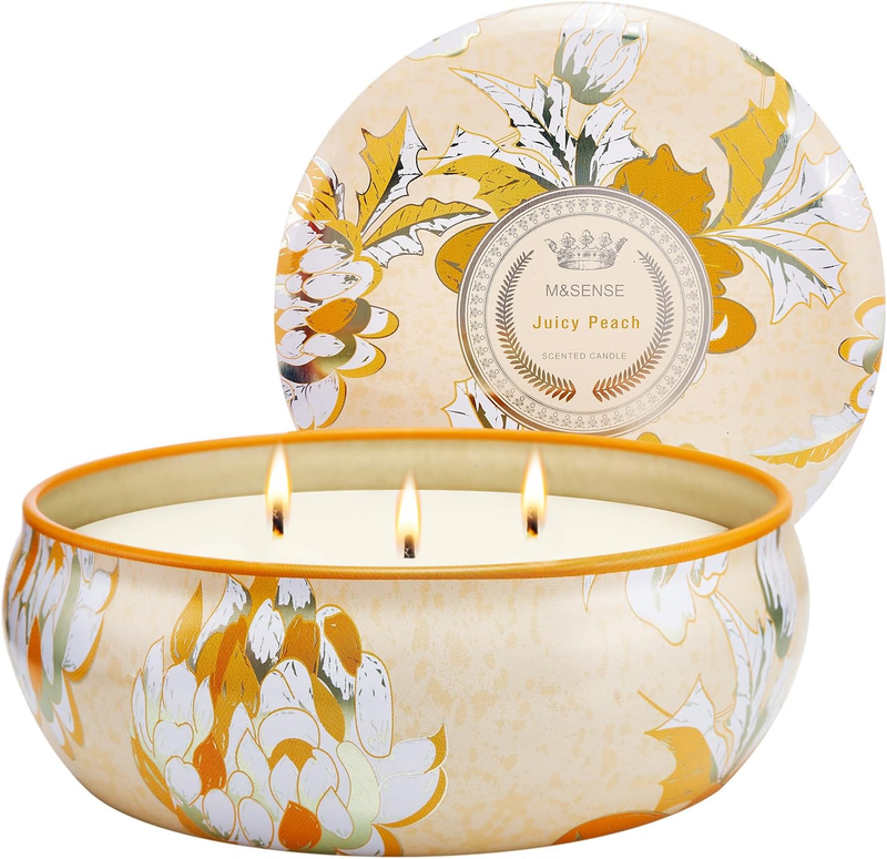 Peach Scented Candles 12Oz 40 Hour Long Lasting, 3 Wick Soy Candles for Home Scented, Travel Tin Natural Highly Scented Candle Gift for Women Men